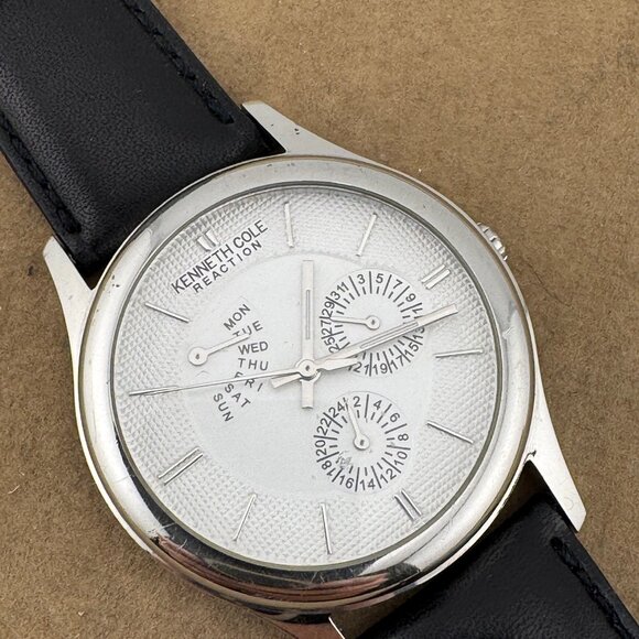 Kenneth Cole Silver Tone Black Leather Quartz Watch - Picture 4 of 10